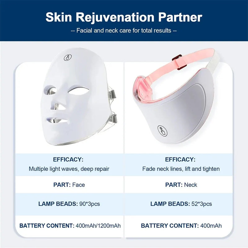 Máscara facial de LED de 7 cores com pescoço, máscara de terapia de luz vermelha para firmamento da pele, lifting, antienvelhecimento, bio-luz, beleza, clareamento, casa