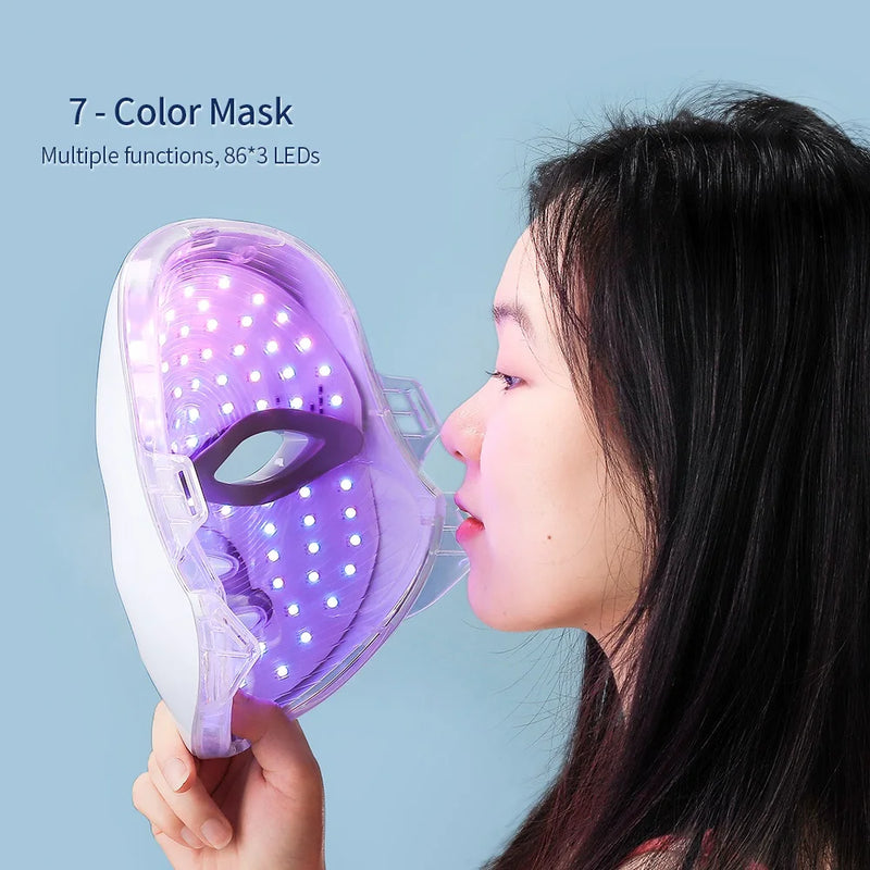 Máscara facial de LED de 7 cores com pescoço, máscara de terapia de luz vermelha para firmamento da pele, lifting, antienvelhecimento, bio-luz, beleza, clareamento, casa