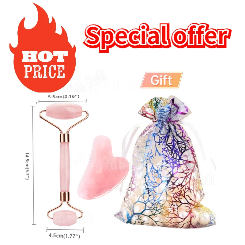 Pó de quartzo rosa, rolo de cristal de jade, massagem spa, massageadores faciais rosa, gua sha, pedra natural, guasha, ferramenta de beleza, lifting facial