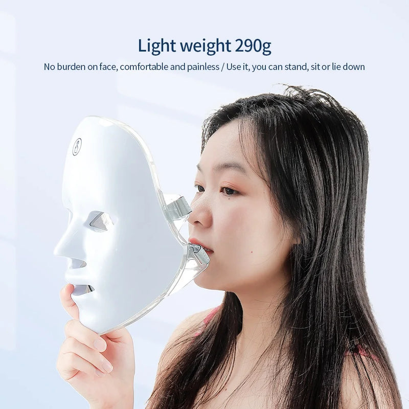 Máscara facial de LED de 7 cores com pescoço, máscara de terapia de luz vermelha para firmamento da pele, lifting, antienvelhecimento, bio-luz, beleza, clareamento, casa