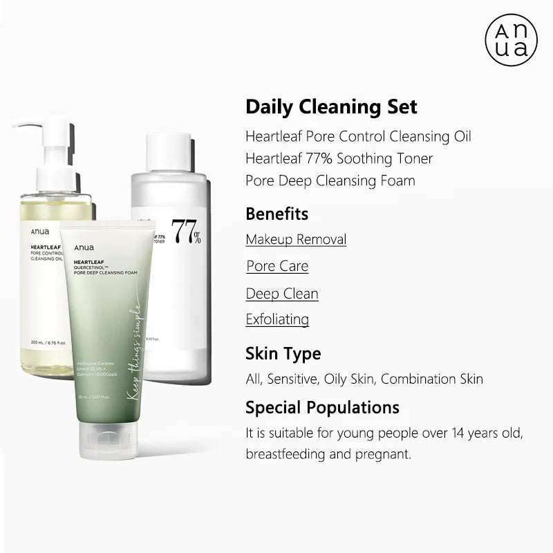 Anua Heartleaf 77% Produtos para Cuidados com a Pele Tônico Hidratante Removedor de Maquiagem Essência Limpeza Profunda Produtos Coreanos para Cuidados com a Pele Conjunto Completo