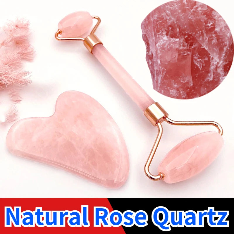 Pó de quartzo rosa, rolo de cristal de jade, massagem spa, massageadores faciais rosa, gua sha, pedra natural, guasha, ferramenta de beleza, lifting facial