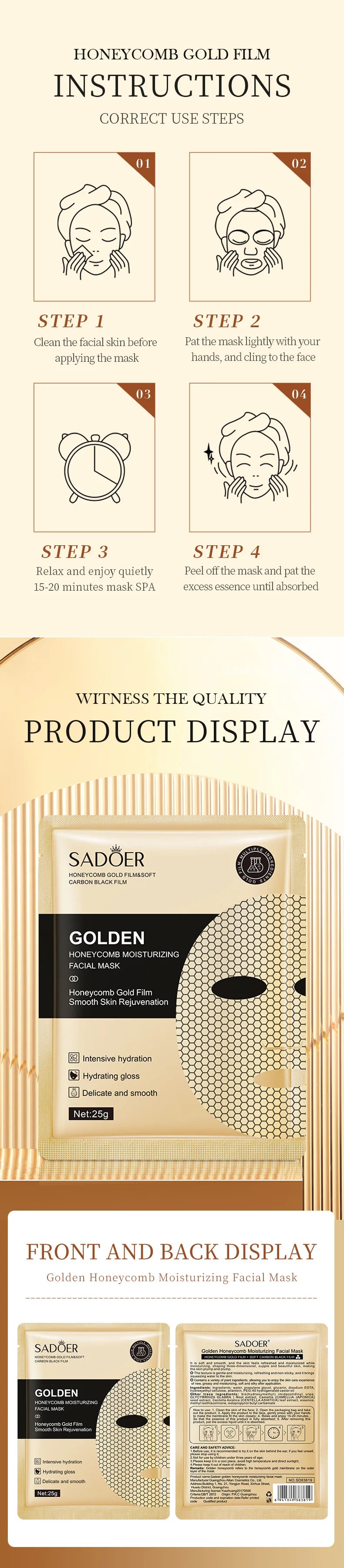 10 peças SADOER 24K Gold Máscaras Faciais Hidratantes para cuidados com a pele Firmeza Nutrição Suavidade Rejuvenescimento da Pele Máscara Facial Folhas Máscara