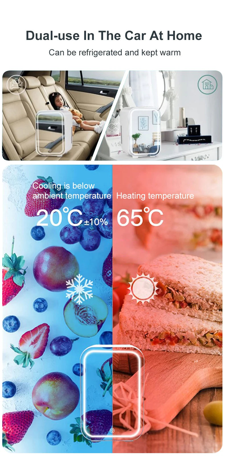 Mini geladeira de maquiagem 4L com espelho de luz LED, refrigerador portátil para armazenamento de cosméticos, mantém fresco e fresco para casa e carro, uso duplo