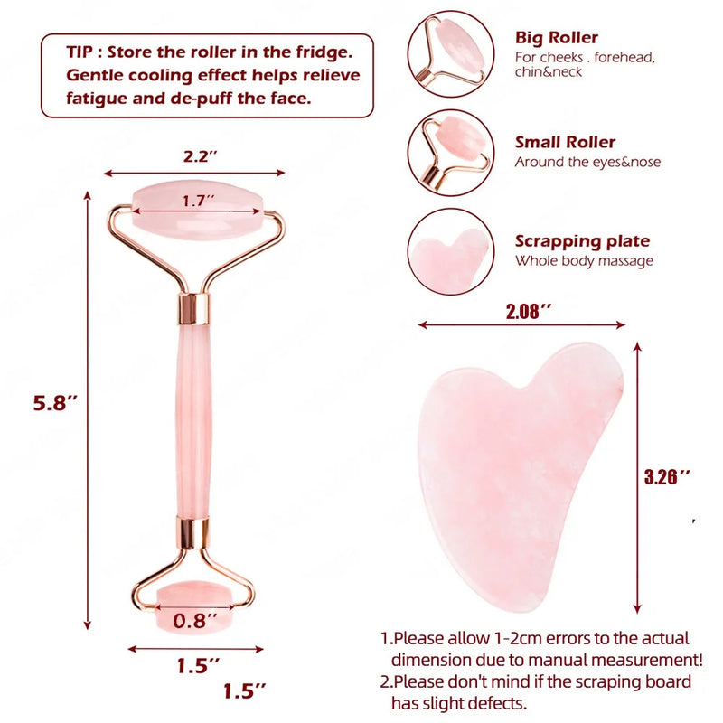 Pó de quartzo rosa, rolo de cristal de jade, massagem spa, massageadores faciais rosa, gua sha, pedra natural, guasha, ferramenta de beleza, lifting facial
