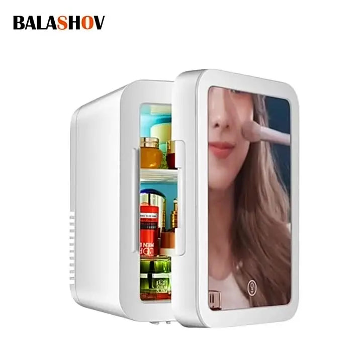 Mini geladeira de maquiagem 4L com espelho de luz LED, refrigerador portátil para armazenamento de cosméticos, mantém fresco e fresco para casa e carro, uso duplo