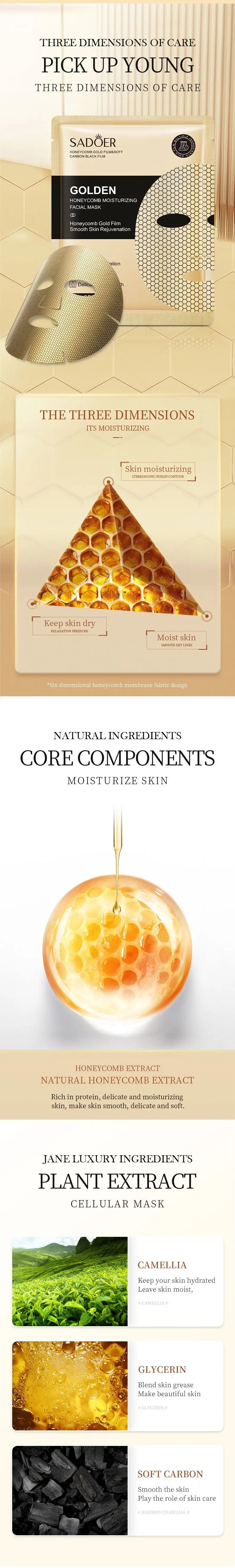 10 peças SADOER 24K Gold Máscaras Faciais Hidratantes para cuidados com a pele Firmeza Nutrição Suavidade Rejuvenescimento da Pele Máscara Facial Folhas Máscara