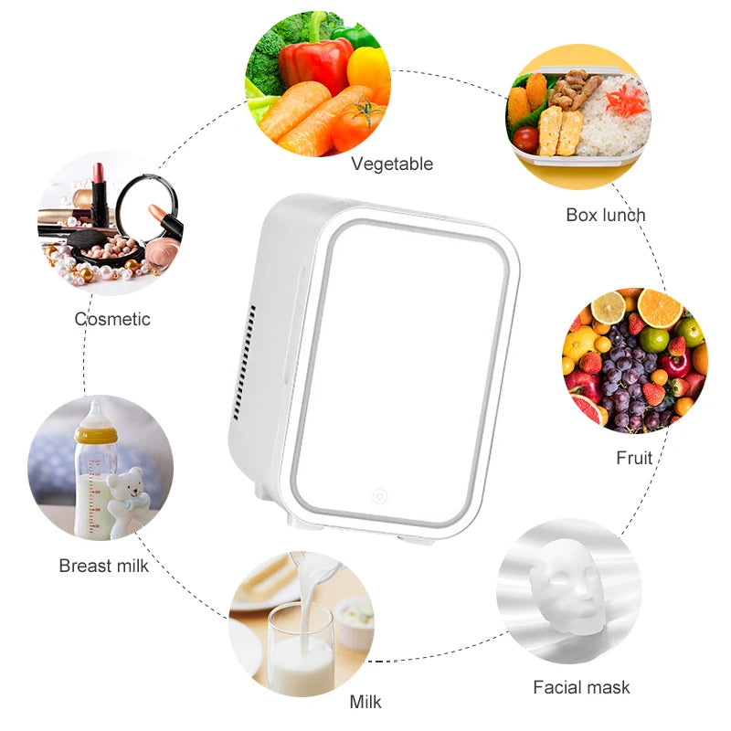 Mini geladeira de maquiagem 4L com espelho de luz LED, refrigerador portátil para armazenamento de cosméticos, mantém fresco e fresco para casa e carro, uso duplo