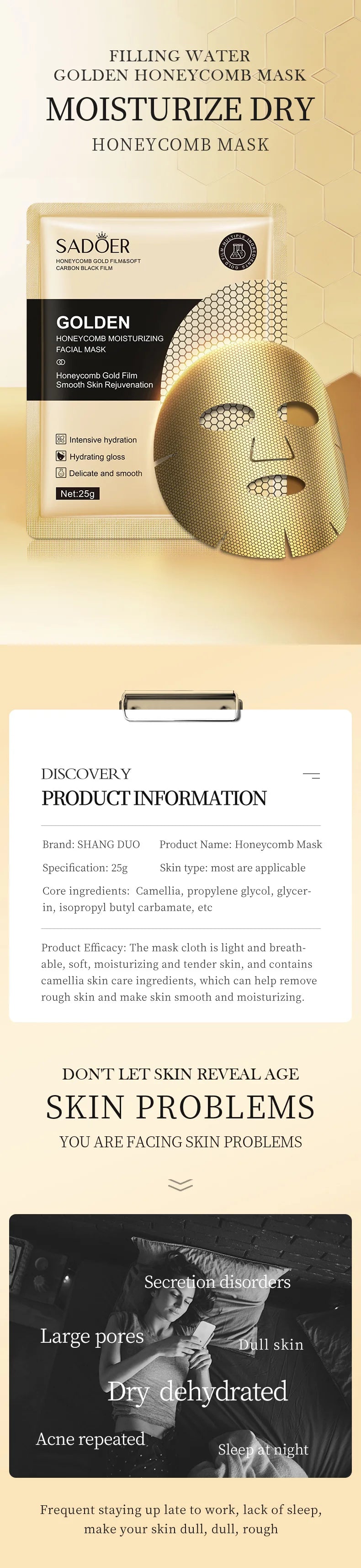 10 peças SADOER 24K Gold Máscaras Faciais Hidratantes para cuidados com a pele Firmeza Nutrição Suavidade Rejuvenescimento da Pele Máscara Facial Folhas Máscara