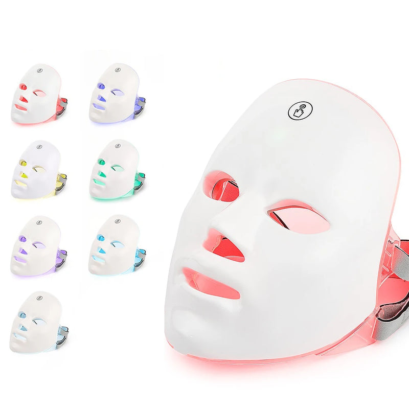 Máscara facial de LED de 7 cores com pescoço, máscara de terapia de luz vermelha para firmamento da pele, lifting, antienvelhecimento, bio-luz, beleza, clareamento, casa