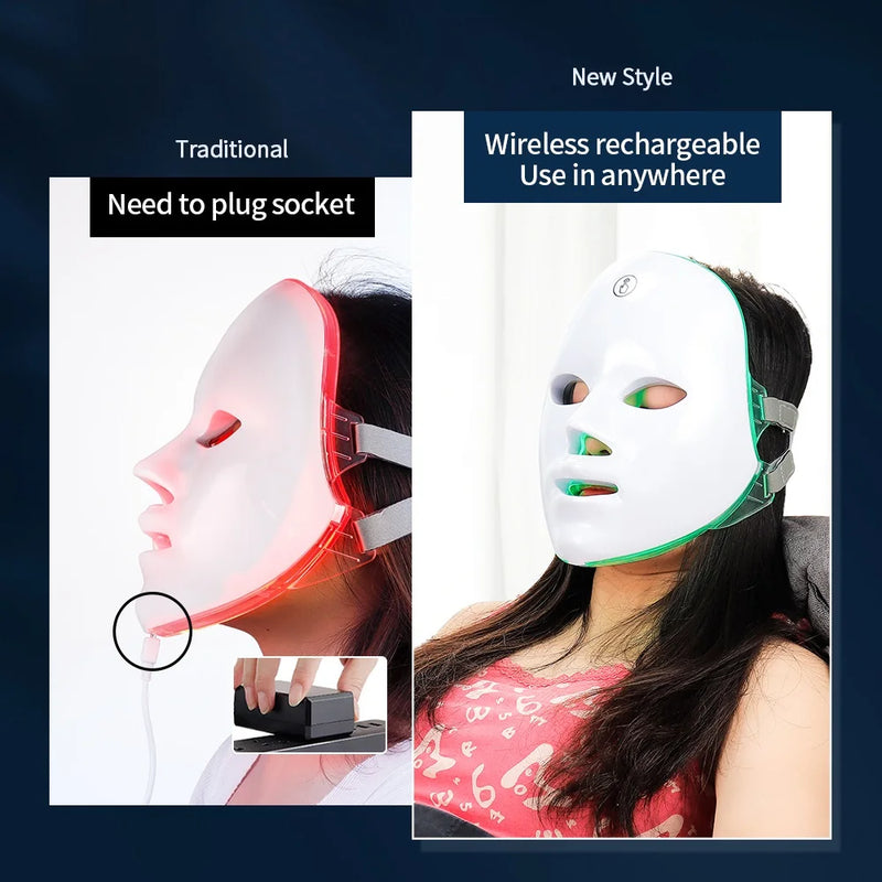 Máscara facial de LED de 7 cores com pescoço, máscara de terapia de luz vermelha para firmamento da pele, lifting, antienvelhecimento, bio-luz, beleza, clareamento, casa