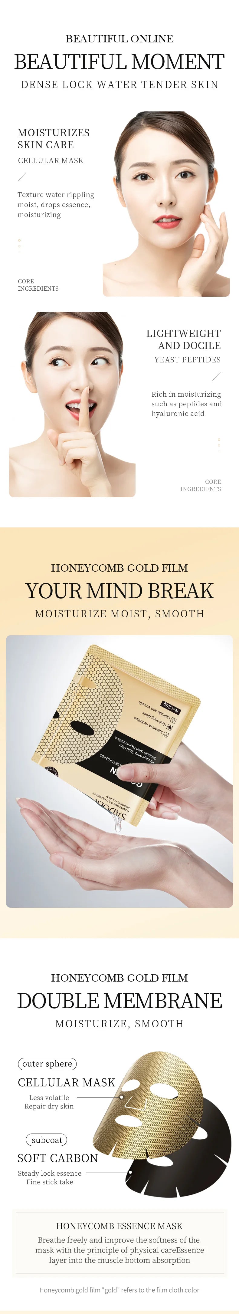 10 peças SADOER 24K Gold Máscaras Faciais Hidratantes para cuidados com a pele Firmeza Nutrição Suavidade Rejuvenescimento da Pele Máscara Facial Folhas Máscara