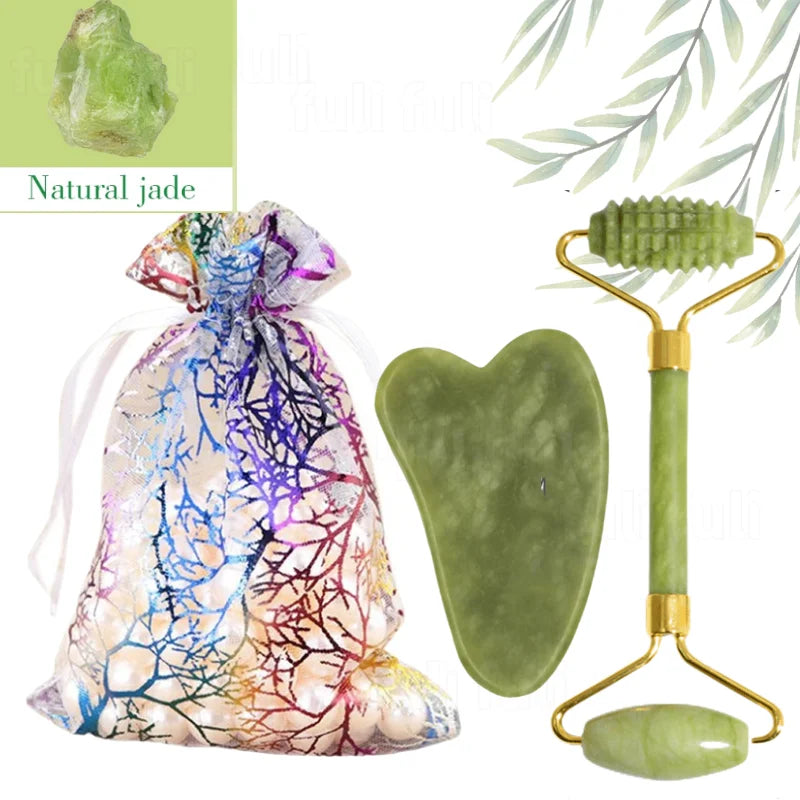 Pó de quartzo rosa, rolo de cristal de jade, massagem spa, massageadores faciais rosa, gua sha, pedra natural, guasha, ferramenta de beleza, lifting facial