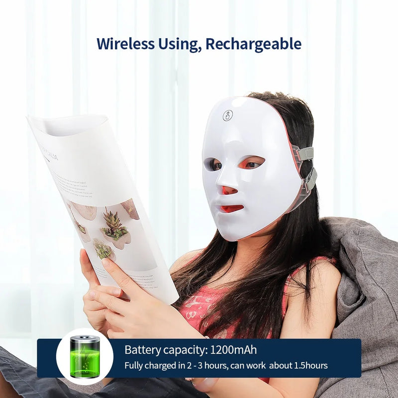 Máscara facial de LED de 7 cores com pescoço, máscara de terapia de luz vermelha para firmamento da pele, lifting, antienvelhecimento, bio-luz, beleza, clareamento, casa