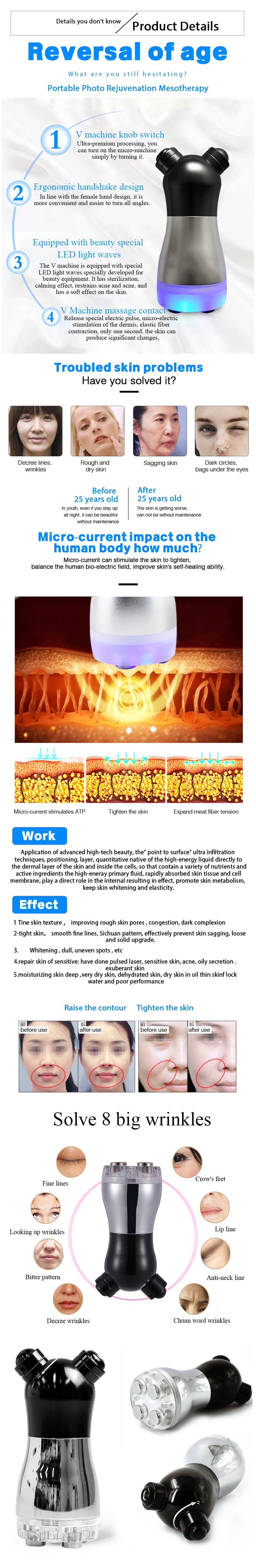 Massageador facial profissional eletroporador com vibração de rádio e LED Photon Rejuvenescimento Facial Lifting da pele Ferramenta de cuidados