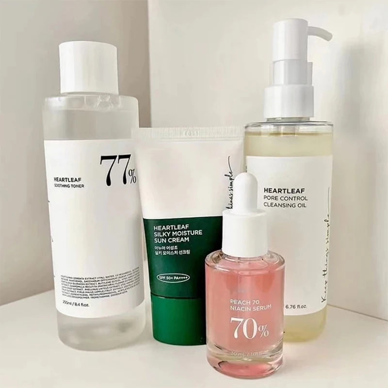Coreano HeartLeaf 77% anua Conjunto de cuidados com a pele Limpador esfoliante Tônico hidratante Removedor de maquiagem Leite de limpeza hidratante