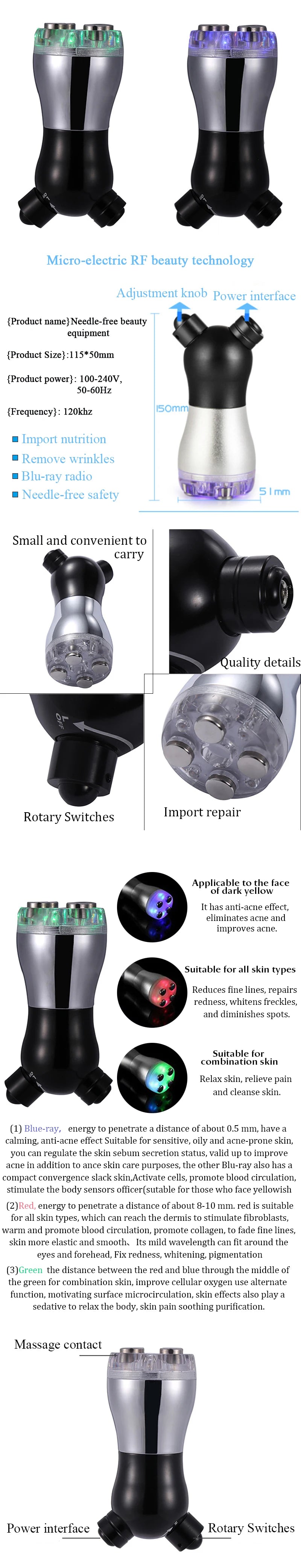 Massageador facial profissional eletroporador com vibração de rádio e LED Photon Rejuvenescimento Facial Lifting da pele Ferramenta de cuidados