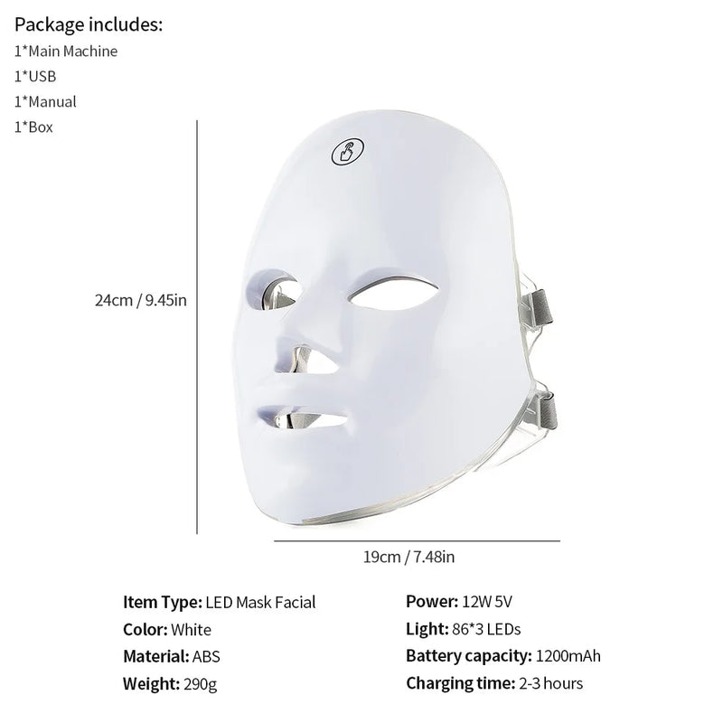 Máscara facial de LED de 7 cores com pescoço, máscara de terapia de luz vermelha para firmamento da pele, lifting, antienvelhecimento, bio-luz, beleza, clareamento, casa