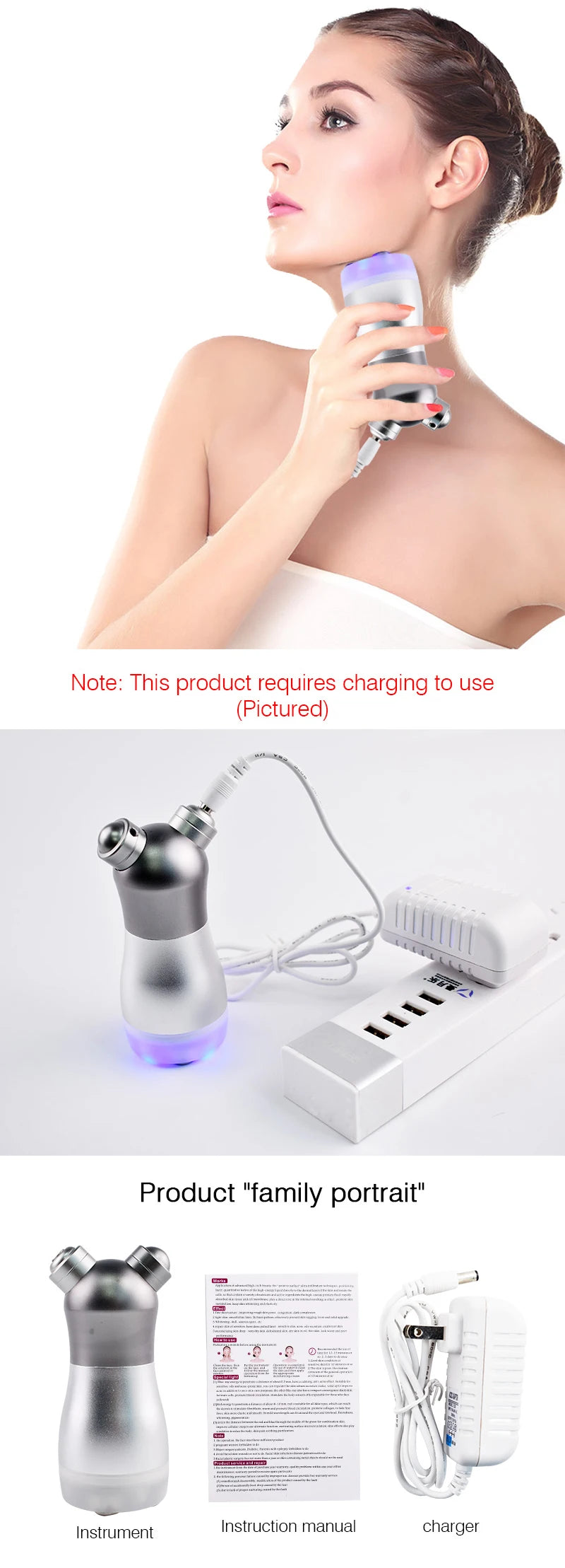 Massageador facial profissional eletroporador com vibração de rádio e LED Photon Rejuvenescimento Facial Lifting da pele Ferramenta de cuidados