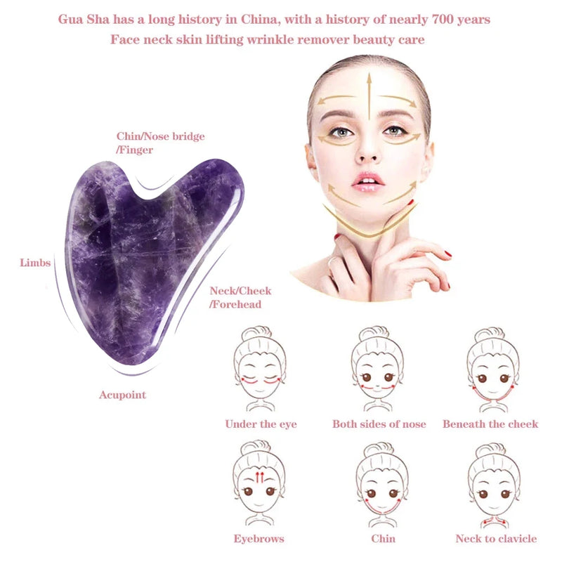 Gua Sha, raspador de guache com jade ametista natural, massageador para rosto, lifting de pele fina, raspador facial, ferramentas de beleza e cuidados com a pele