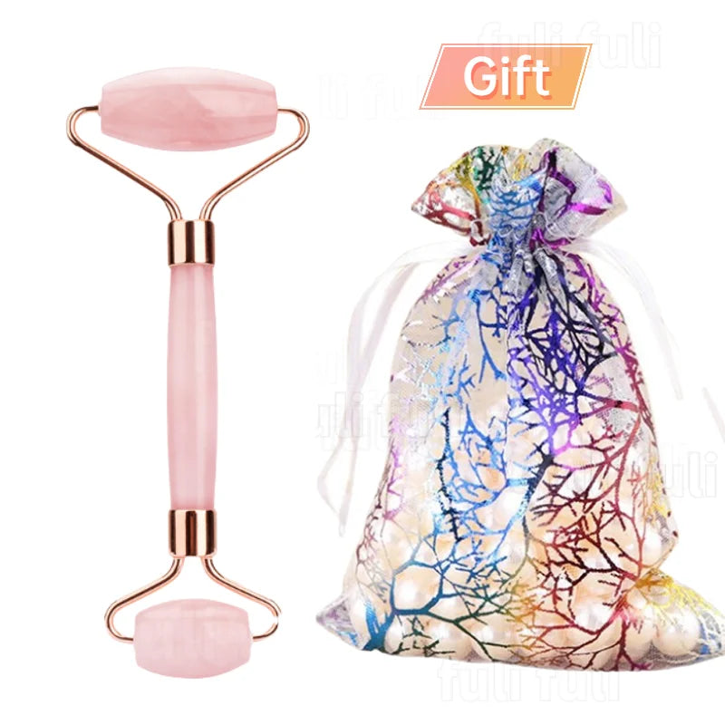Pó de quartzo rosa, rolo de cristal de jade, massagem spa, massageadores faciais rosa, gua sha, pedra natural, guasha, ferramenta de beleza, lifting facial