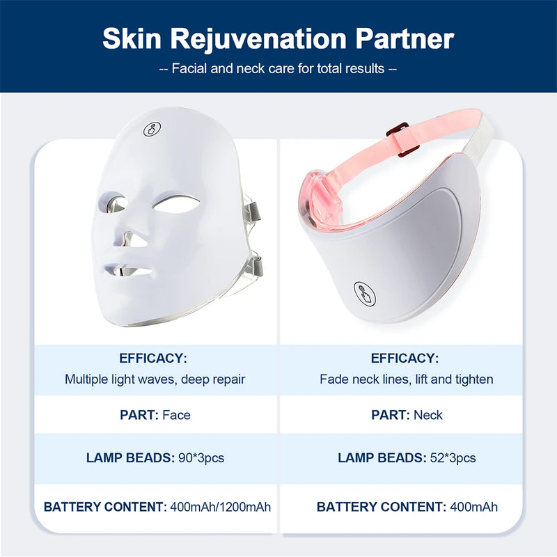 Máscara facial de LED de 7 cores com pescoço, máscara de terapia de luz vermelha para firmamento da pele, lifting, antienvelhecimento, bio-luz, beleza, clareamento, casa